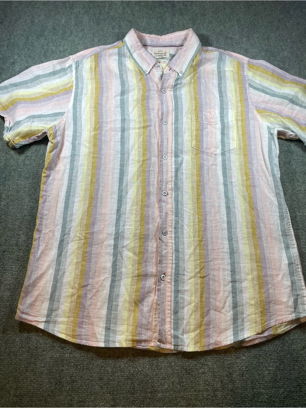 Weatherproof Pastel Multi-Stripe Button-Down Shirt - Pink, Yellow, Green, Gray